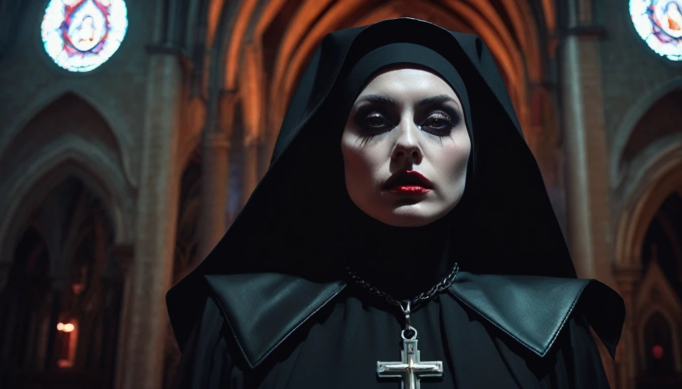 born, analog) (Huge breasts of a Gothic nun), Set in the 1990s, Surreal makeup, Leather clothing inside a gothic church at night, Neon Light, Very dark, Horror, Red tint, chaos, an ominous, Attention to detail, Ultra-realistic, Sony A7III, movie照明, movie, grain, The Face of UHD, Volumetric Shadows, Very detailed,