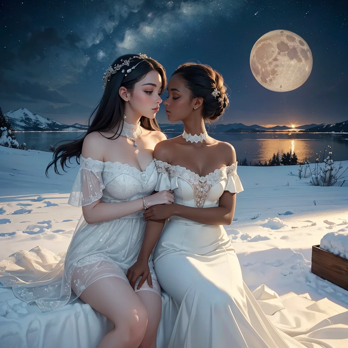 (masterpiece, highest quality, official art, beauty and aesthetic:1.5), (perfect anatomy), two gorgeous and stunning dark-skinned or pale-skinned young girls are deeply in love with each other, kiss, perfect make-up, romantic atmosphere, snow and moon, magnificent panorama view