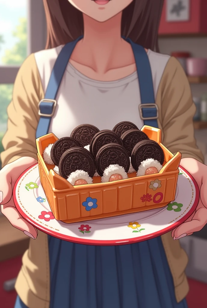 Person holding a plate with oreo sushi on top in an anime container