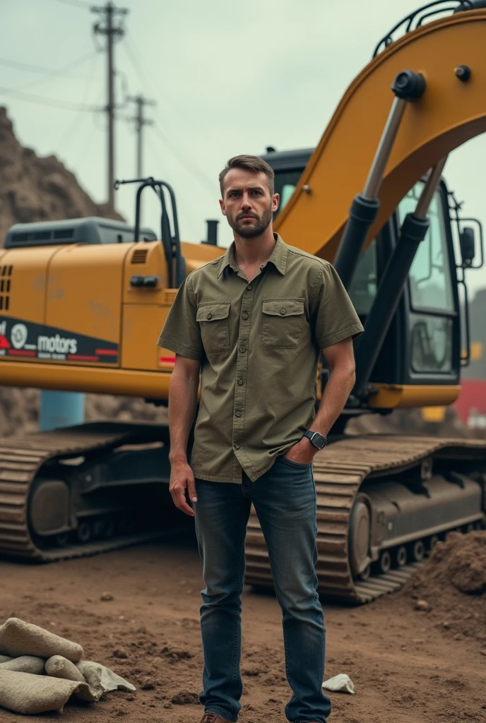 A man in front of on it an excavator which has the text "STUFF.MOTORS" written