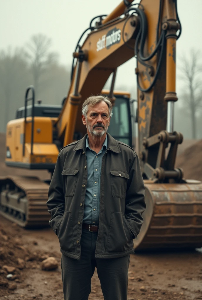 A man in front of on it an excavator which has the text "STUFF.MOTORS" written