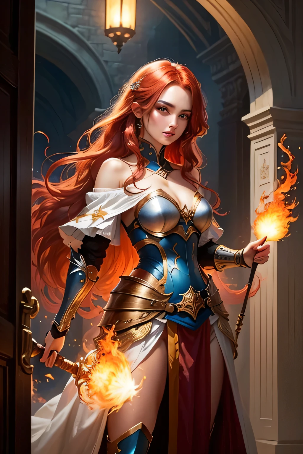 Beautiful girl in full growth , sorceress fire, in armor, stands at full height with a staff in his hands, off-shoulder, with long red hair, in room, soft lighting, Fighting pose, Fantasy, complex parts, warm colors