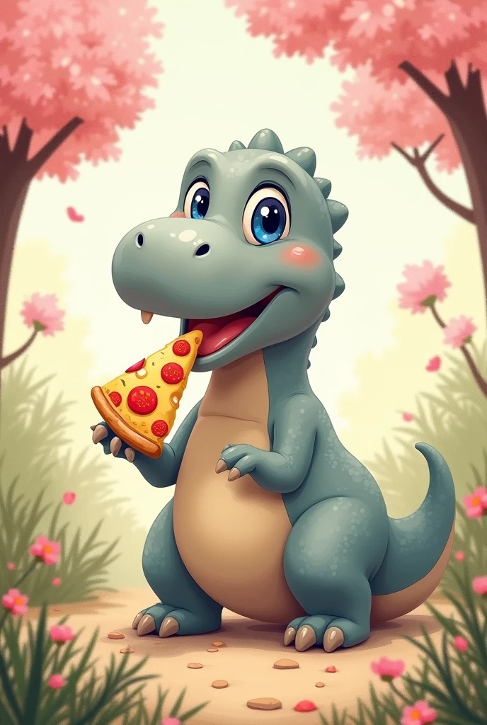 2D cartoon masterpiece, adorable gray brontosaurus with oversized, expressive blue eyes, cheerfully devouring a slice of pizza, rounded and playful features, whimsical smile enhancing cuteness, charming setting with stylized cherry blossom trees, delicate pink petals drifting in gentle breeze, serene atmosphere infused with tranquil energy, soft pastel watercolor palette blending gentle pinks, calming greens, luscious yellows, joyful energy radiating from scene, brontosaurus pose depicting blissful contentment, art style harmonizing classic Japanese influence with modern cartoon flair, composition capturing a moment of innocent joy and delight, magical fusion inviting viewers into a playful world where dinosaurs and pizza coexist, full of heartwarming detail and imaginative storytelling, rendered in playful and engaging 2D cartoon style, meticulously crafted to enhance visual appeal and create compelling narrative