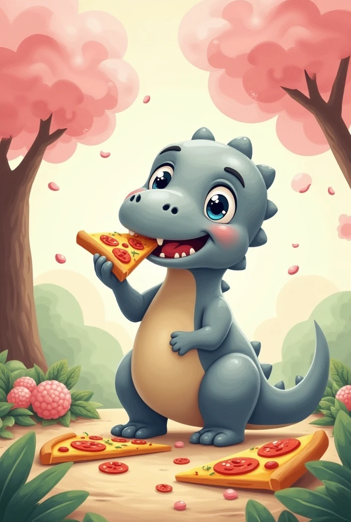 2D cartoon masterpiece, adorable gray brontosaurus with oversized, expressive blue eyes, cheerfully devouring a slice of pizza, rounded and playful features, whimsical smile enhancing cuteness, charming setting with stylized cherry blossom trees, delicate pink petals drifting in gentle breeze, serene atmosphere infused with tranquil energy, soft pastel watercolor palette blending gentle pinks, calming greens, luscious yellows, joyful energy radiating from scene, brontosaurus pose depicting blissful contentment, art style harmonizing classic Japanese influence with modern cartoon flair, composition capturing a moment of innocent joy and delight, magical fusion inviting viewers into a playful world where dinosaurs and pizza coexist, full of heartwarming detail and imaginative storytelling, rendered in playful and engaging 2D cartoon style, meticulously crafted to enhance visual appeal and create compelling narrative