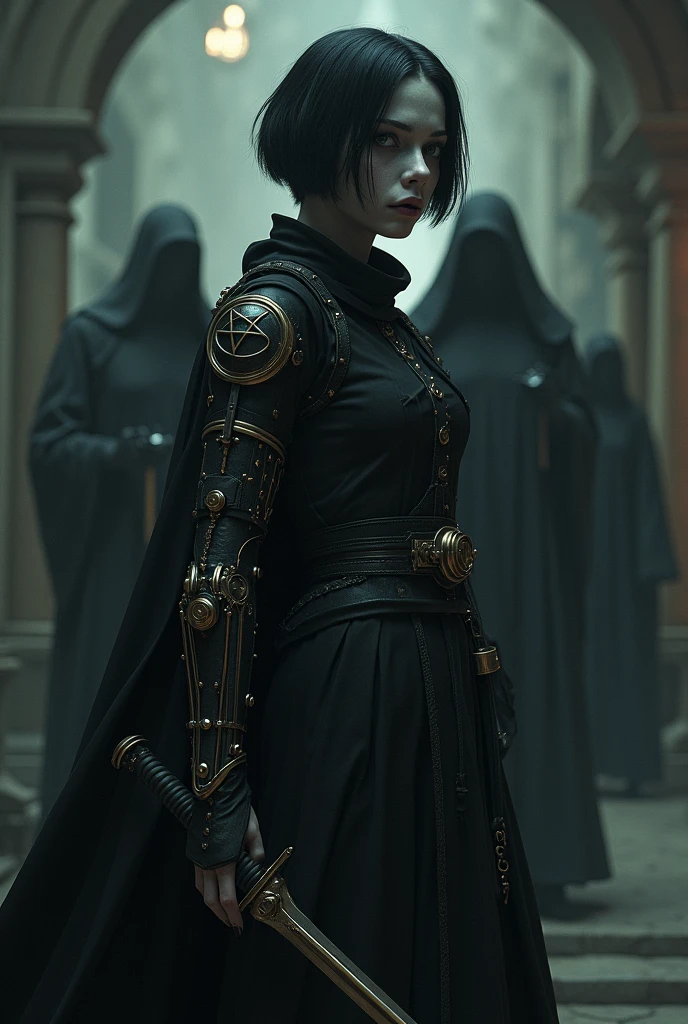 A pale girl with short black hair, from the middle ages 3D, realisitic, arcane style, in dark alchemist clothes with a steampunk prosthetic left arm with a pentagram, cut on the face, Dagger at the waist, with a religious group behind, the night, tenebrosa.
