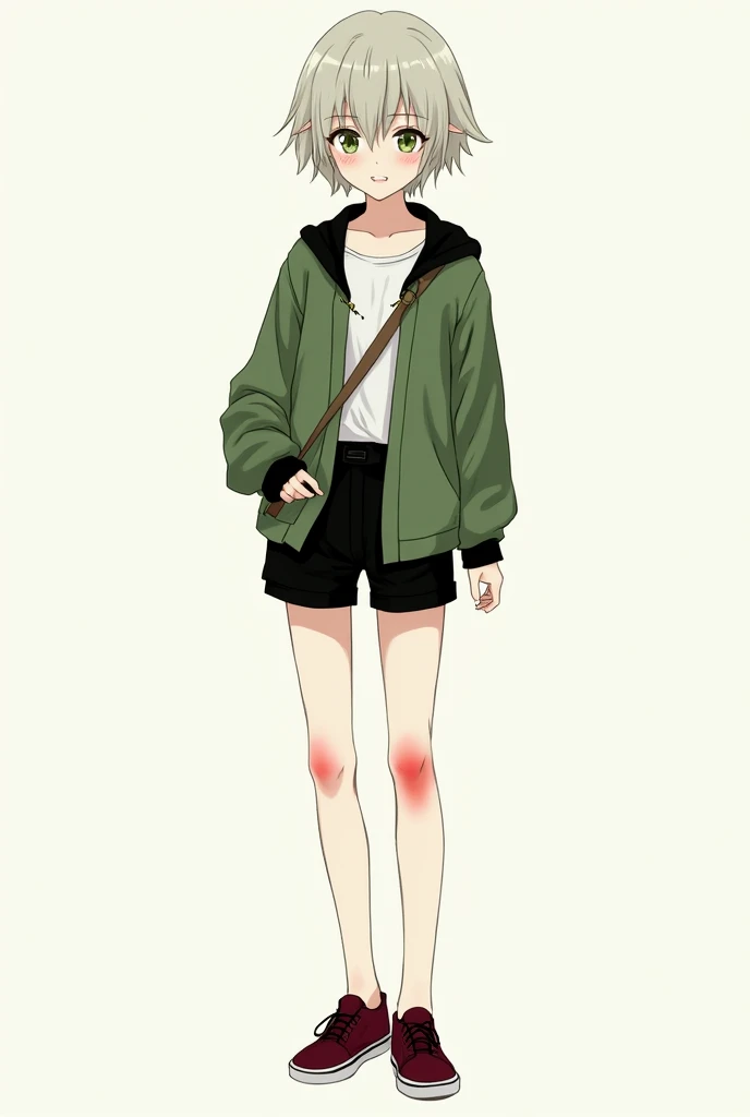 Create a very pale skinned girl, short hair like a boy's wolf cut, slim, a green shirt with black and a white t-shirt, black shorts that reach mid-thigh, Olive green eyes and Japanese eyes, cara slim, Pointy ears and burgundy vans. Red elbows and knees. A small gap between the two front teeth and freckles