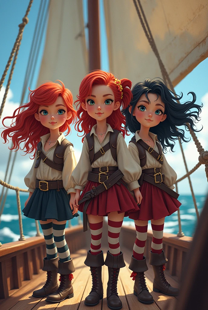 Three  pirate girls, two with red hair and one with black hair 