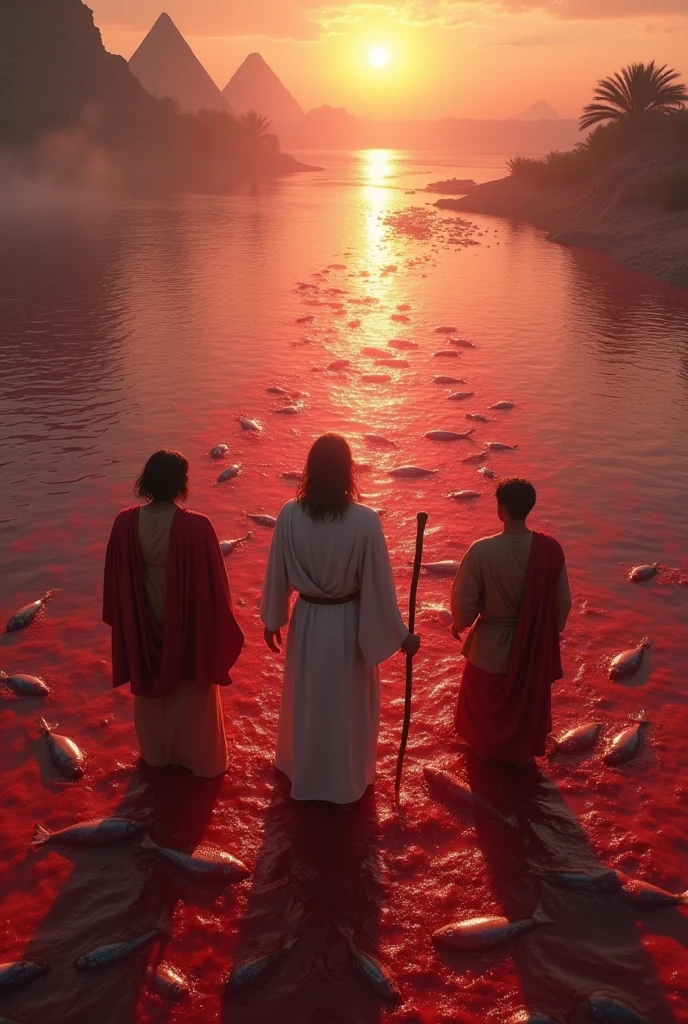 Waters Turned into Blood: Moses and Aaron, following God's instructions, Aaron touched the Nile River with a shepherd's staff, and all the waters of Egypt turned to blood. The fish died, and the water became undrinkable.. 4k