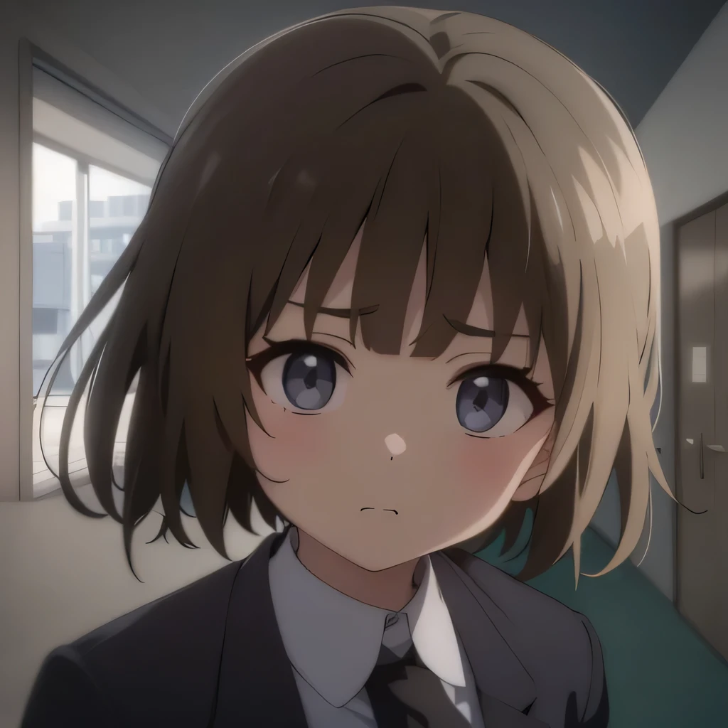 Young woman. Child. grey eyes. Brown hair. short haircut. Sad face. gray jacket. Dark Tie. Against the background of the school corridor. window. door.