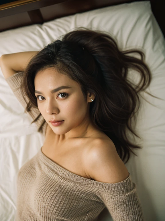 pose of Phillipines mature adults movies actress , perfect hair, hair upsweep updo, posing, (color photo, minimalist half-opened off-shoulder knitwear with tightly thong panties ), Century Camera Co. Studio, 160mm f/8, 1/10s, ISO 25, (analog, film, film grain:1.3), ((laying on bed in urban room at night, gritty)), top view , wide angle, 80s, ((detailed eyes)), (seductive pose), detail skin texture , perfect sexy figure , anatomically correct