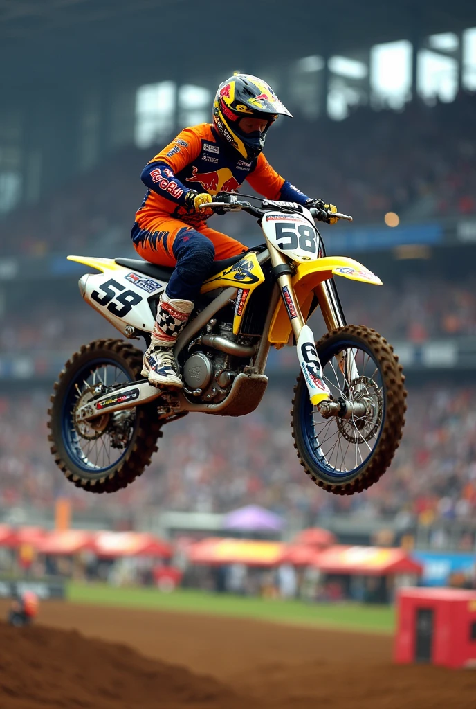 Supercross biker redbull suit motorcycle Suzuki rmz450 jumping whip image from behind lucho number 58