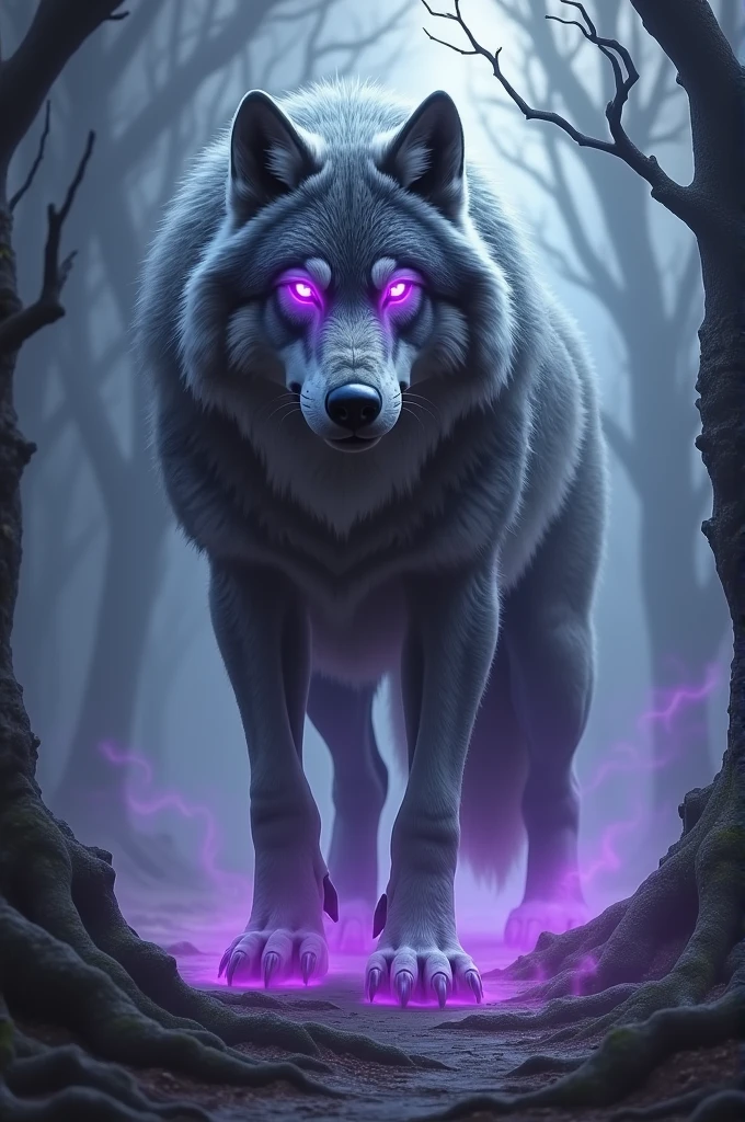 A giant wolf with purple eyes