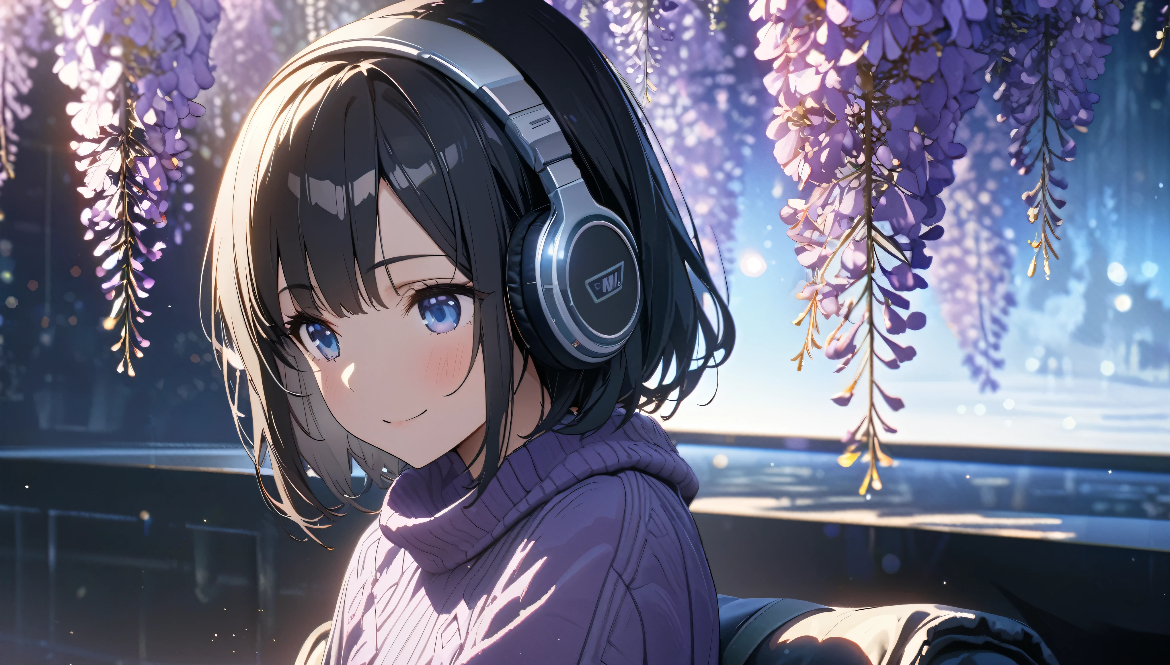 ((ultra-detailed))/(one women with short black hair and bob hair.、beautiful blue eyes,.、smile、gentle smile on her face、flat chest, one Beautiful girl,((masterpiece, illustration, best quality) ((ultra-detailed))/)Masterpiece\,wearing headphones and sitting the Japanese Wisteria trees while wearing purple sweater,濃い青とBeautiful Blueのグラデーション, High resolution, 8K HD detail, hyper-detail, cinematic, surrealism, soft light, deep field focus bokeh, ray tracing and surrealism. --v6'