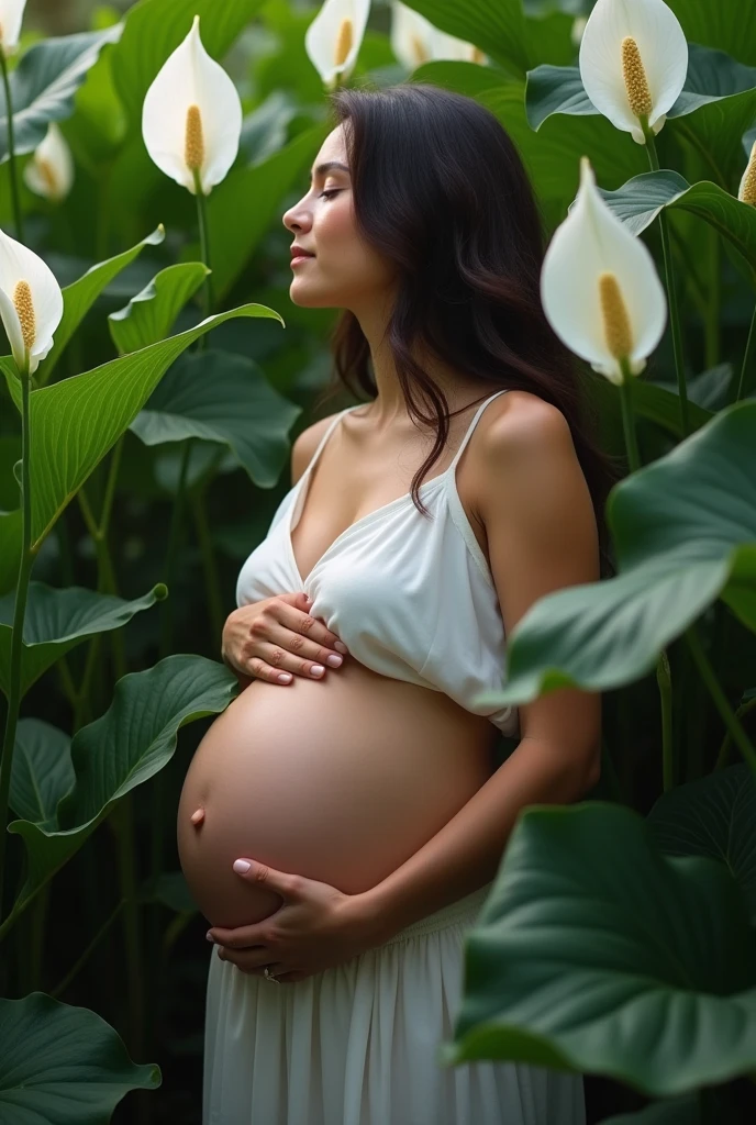 Pregnancy photo, 9 meses,only peace lily flowers