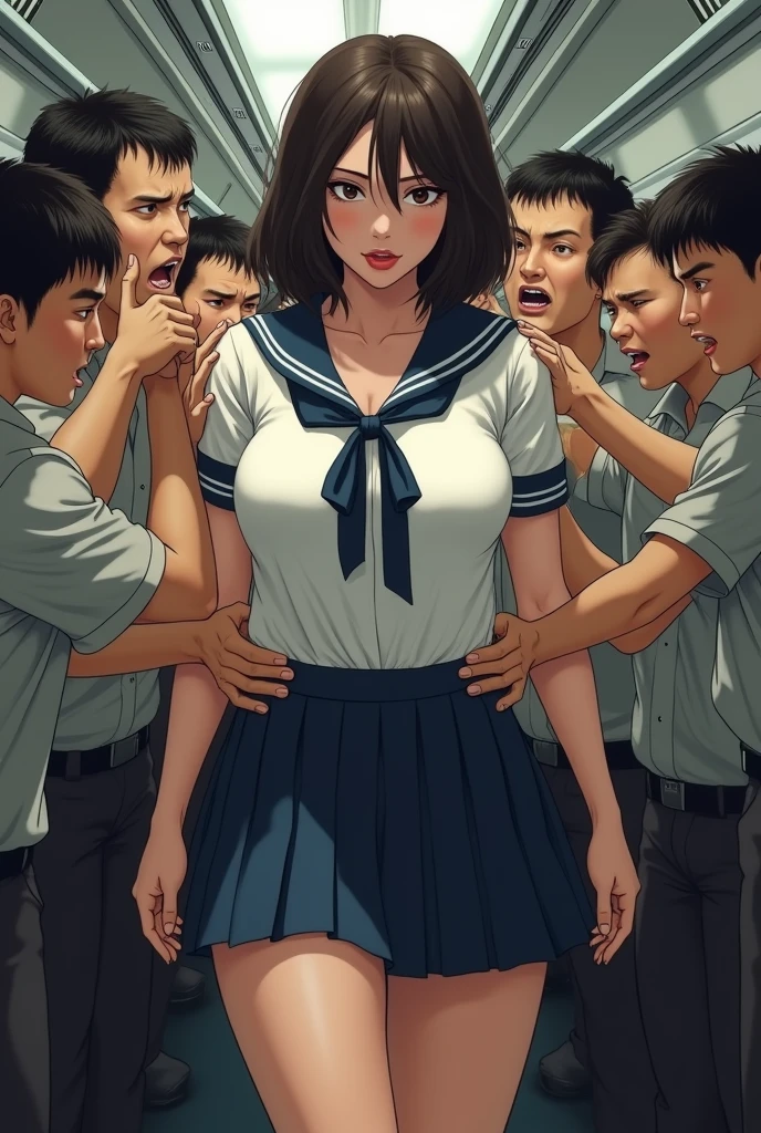(harcèlement:1.8) femme japonaise, très gros seins, gros seins, (Chemise blanche à manches courtes,Ruban de col bleu foncé,jupe courte plissée, Cheveux châtain foncé jusqu'aux épaules,Hits,oreille:1.2),prise de poitrine, Sur le train, Prends tes fesses, Plusieurs hommes autour d'elle lui attrapent les seins., prise de poitrine, Plusieurs mains, chef-d'œuvre, de la plus haute qualité, très détaillé, harcèlement, Foule d'hommes, Une foule de surfeurs, visage très réaliste, yeux très réalistes, Foule d'hommes around her, La personne qui saisit son corps, J'ai appuyé sur ma poitrine, harcèlement, chef-d'œuvre, de la plus haute qualité, très détaillé, 1 fille, Plusieurs mains, Prends tes fesses with the crazy crowd, prise de poitrine, les hommes autour d'elle, corps pressé, Beaucoup de gens se tiennent la poitrine., Être frappé, mettre des vêtements, très humide et en sueur, Prends les vêtements, (Il n'y a pas de femmes dans la foule.:1.5), Homme avec une cravate ((Nu1.3))