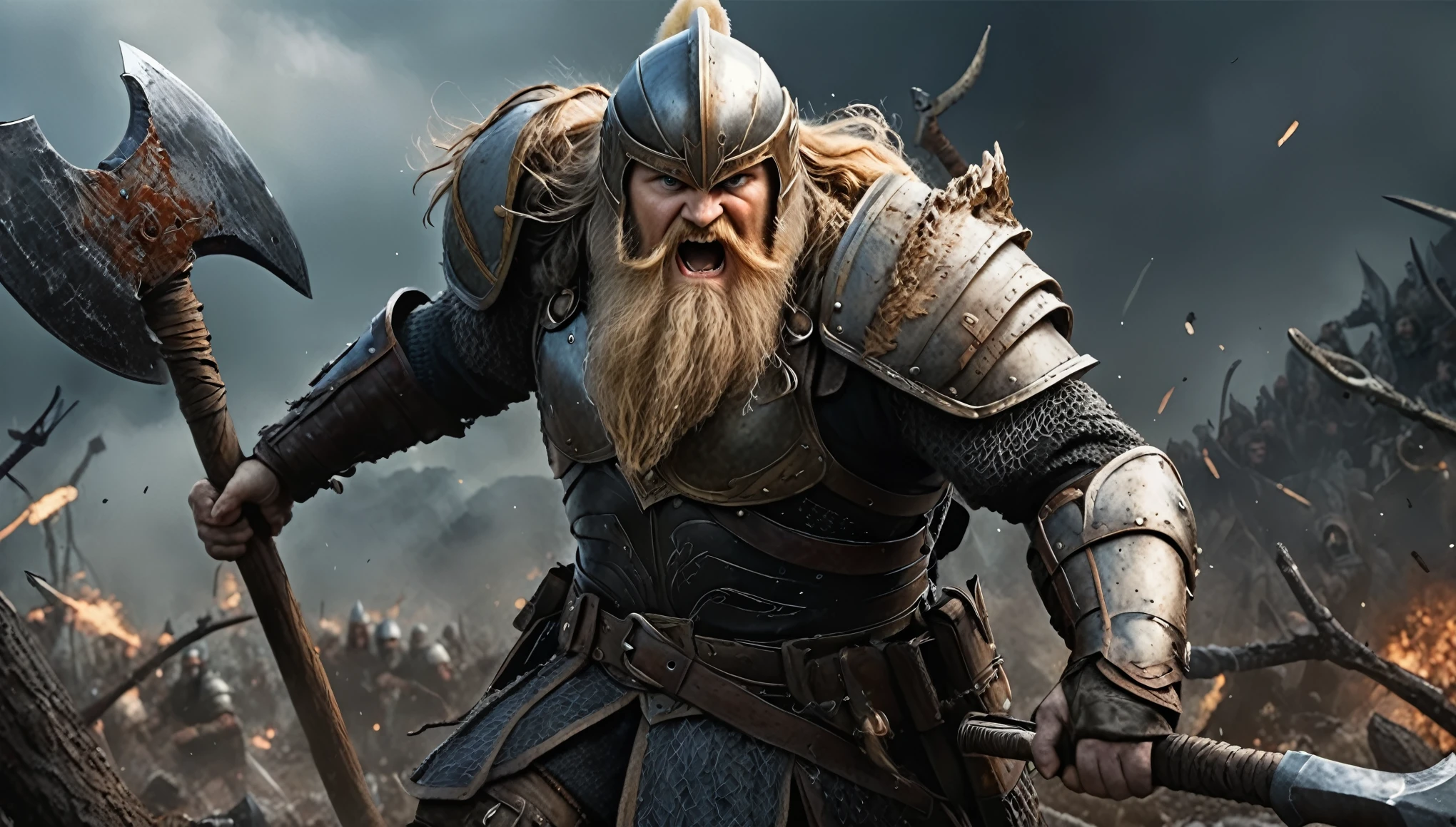 image of a man with a long beard and a helmet holding a large axe, berserk viking, Gimli from lord of the rings, nordic warrior, epic viking king, Vigo, the Carpathian, viking warrior, Gimli, fierce bearded dwarf, dwarven, an epic viking battle scene, portrait of a dwarf warrior
