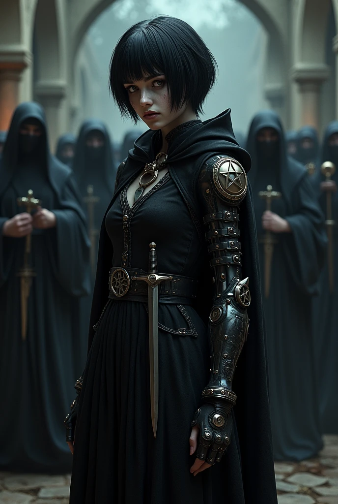 A pale girl with short black hair, from the middle ages 3D, realisitic, arcane style, in dark alchemist clothes with a steampunk prosthetic left arm with a pentagram, cut on the face, Dagger at the waist, with a religious group behind, the night, tenebrosa.