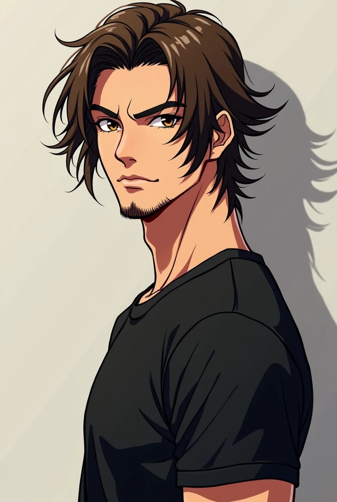 Make an anime character with dark brown eyes and long brown hair, with a goatee and a black t-shirt.