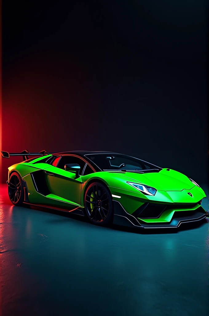 Lamborghini Aventador 2023, green color, black wheels, black wing, black background on red and blue