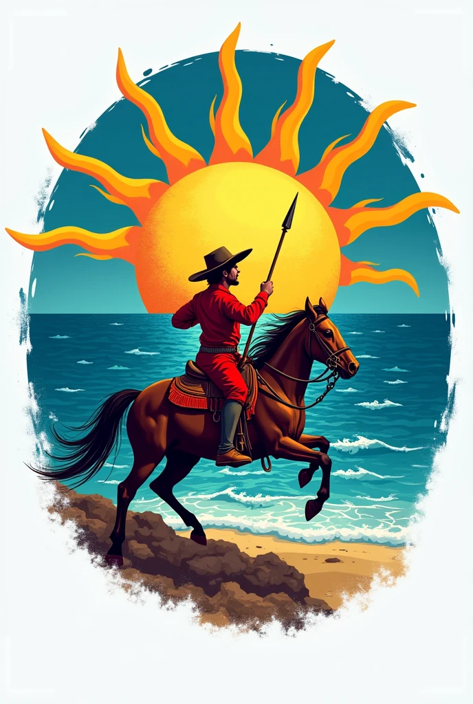 A logo, (Blue), golden sun with 7 rays in the center, a red llanero riding a horse, on the sea and wielding a spear below the sun,