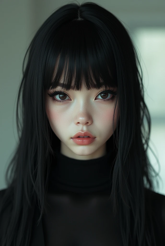 A beautiful girl with lined eyes and long black hair with a wolfcut