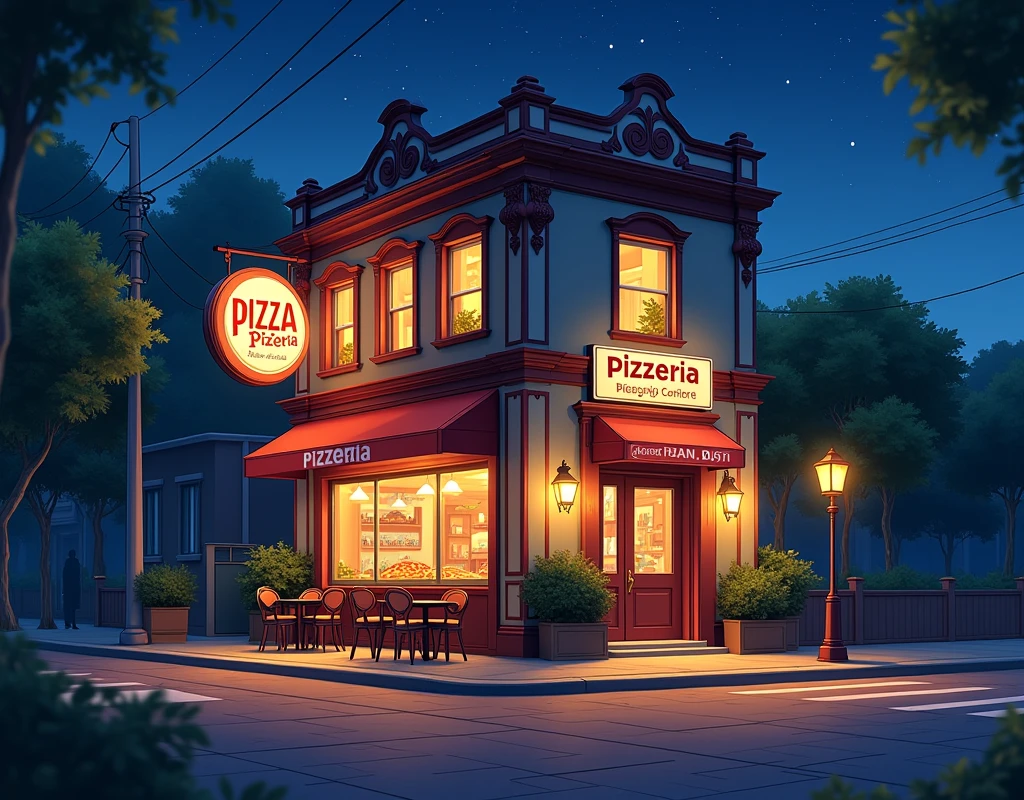 Pizzeria scenario, only the establishment, no customers, no employees, only the establishment, It's Night, anime styling