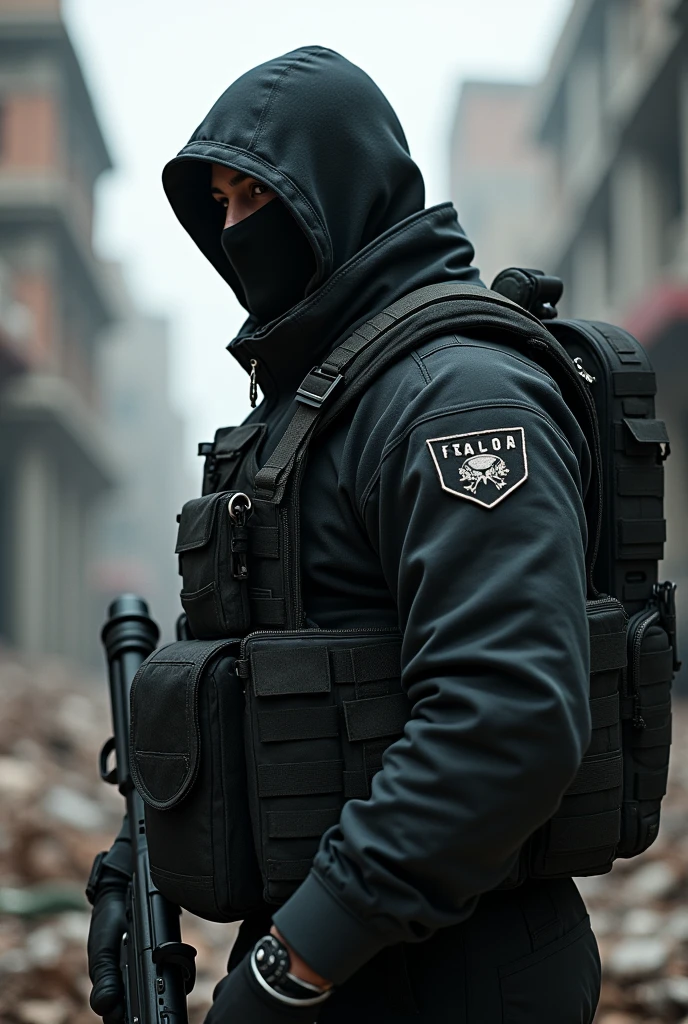 Army soldier in black clothing in combat