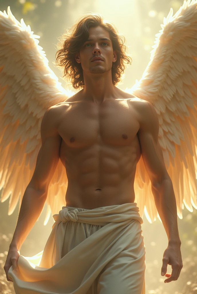 Male with brown hair and green eyes . An angel and big wings. extraordinary beauty
