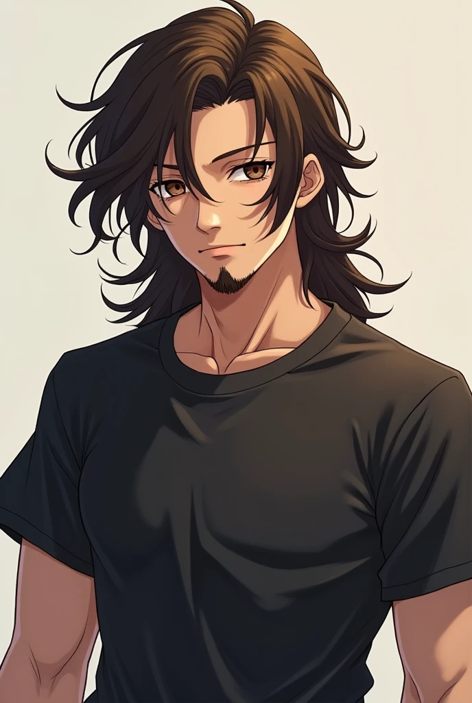Make an anime character with dark brown eyes and long brown hair, with a goatee and a black t-shirt.