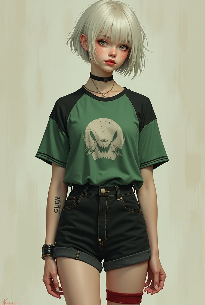 Create a very pale skinned girl, short hair like a boy's wolf cut, her brown hair, slim, a green shirt with black and a white t-shirt, black shorts that reach mid-thigh, Olive green eyes and Japanese eyes, cara slim, Pointy ears and burgundy vans. Red elbows and knees. A small gap between the two front teeth and freckles