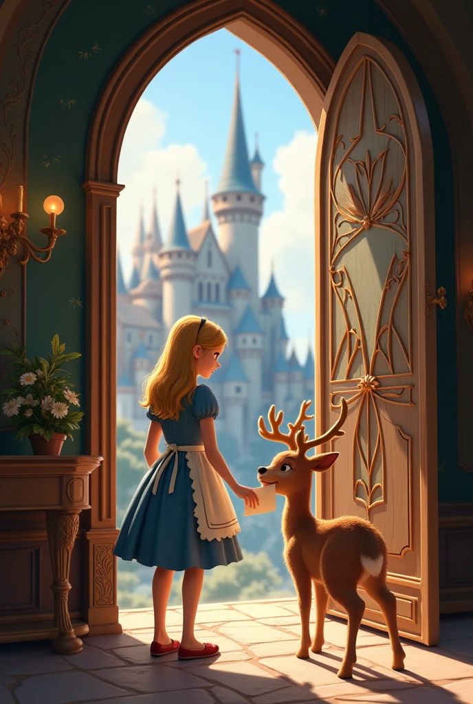 Create an image with a deer from the castle giving a party letter to Cinderella , It is important that Cinderella is at the door wearing an apron receiving the invitation , Cinderella is blonde 