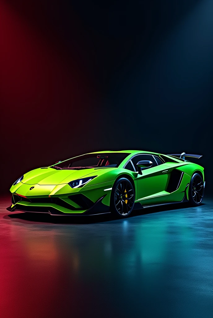Lamborghini Aventador 2023, green color, black wheels, black wing, black background on red and blue