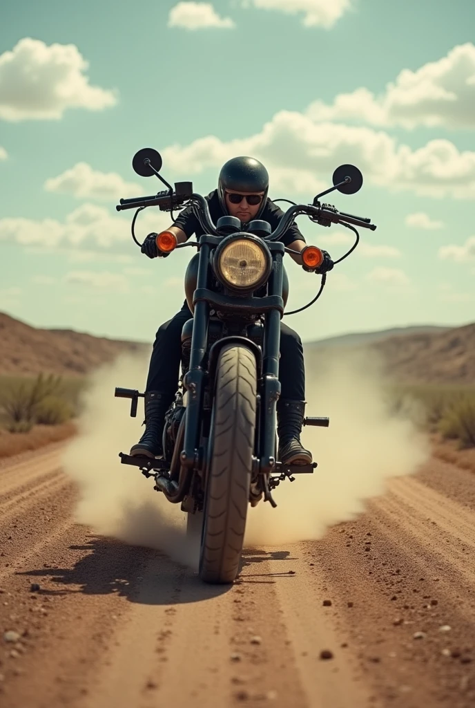 Dusty Kansas Road, a punk black motorcycle alone, appearing to be in motion