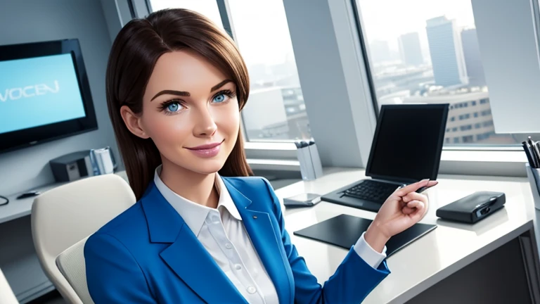 pixar-style cartoon picture, Insurance manager 30-year-old white Caucasian woman in a modern office setting with blue suit looking straight into the camera, Energetic, warm, friendly, satisfaction, cosy, elegant, closed-mouth smile, flirtatious caucasian, perfect skin, moderate makeup, 8k professional photo, perfect composition, endless detail