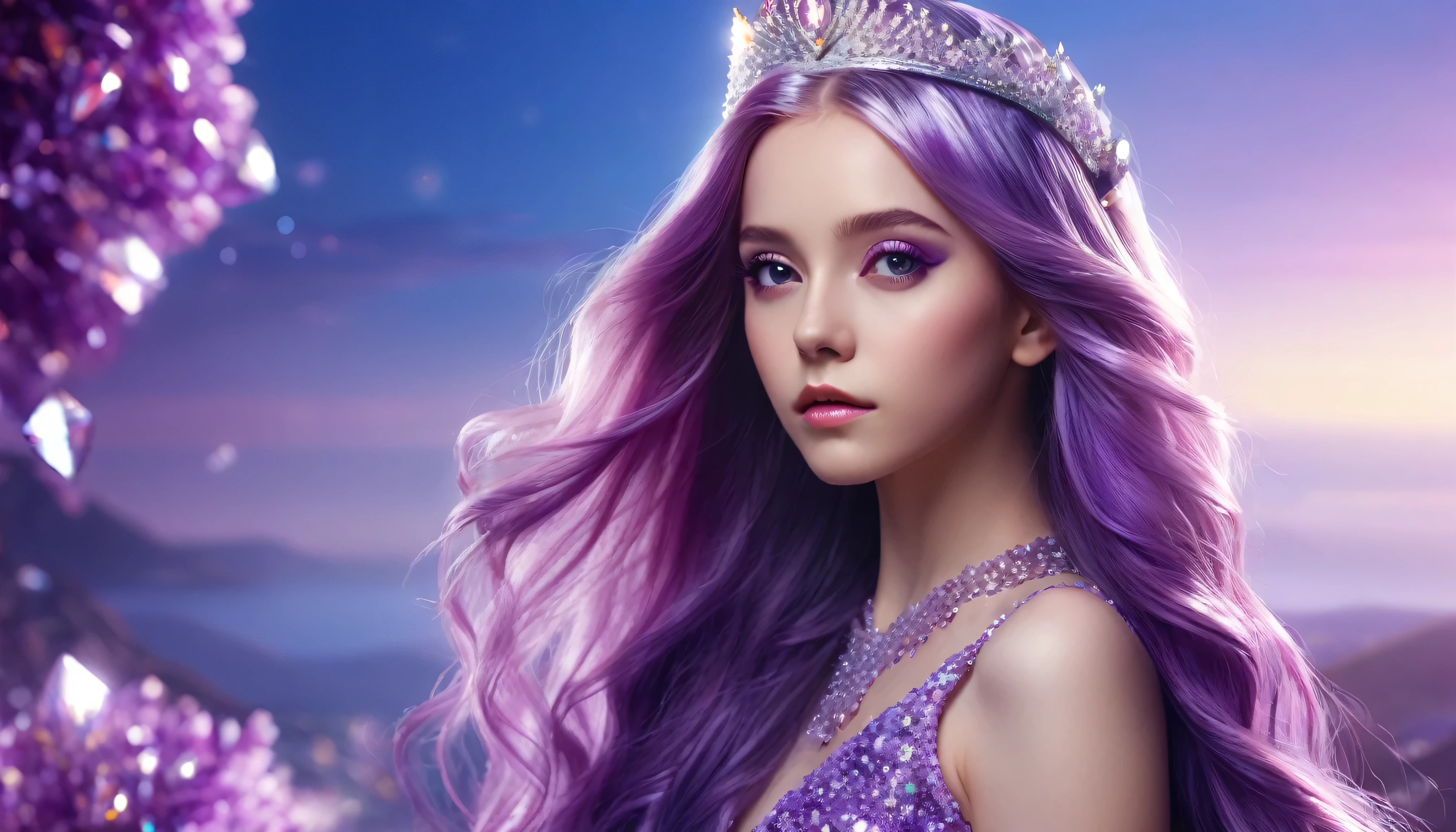 (((masterpiece))), Highest quality, figure, 4K wallpaper, Cinematic Light, Absurd, Portrait of a Girl, Long Hair, Purple crystal hair, Shiny Hair, Bloom Hair, Clothing Princess, Look ahead