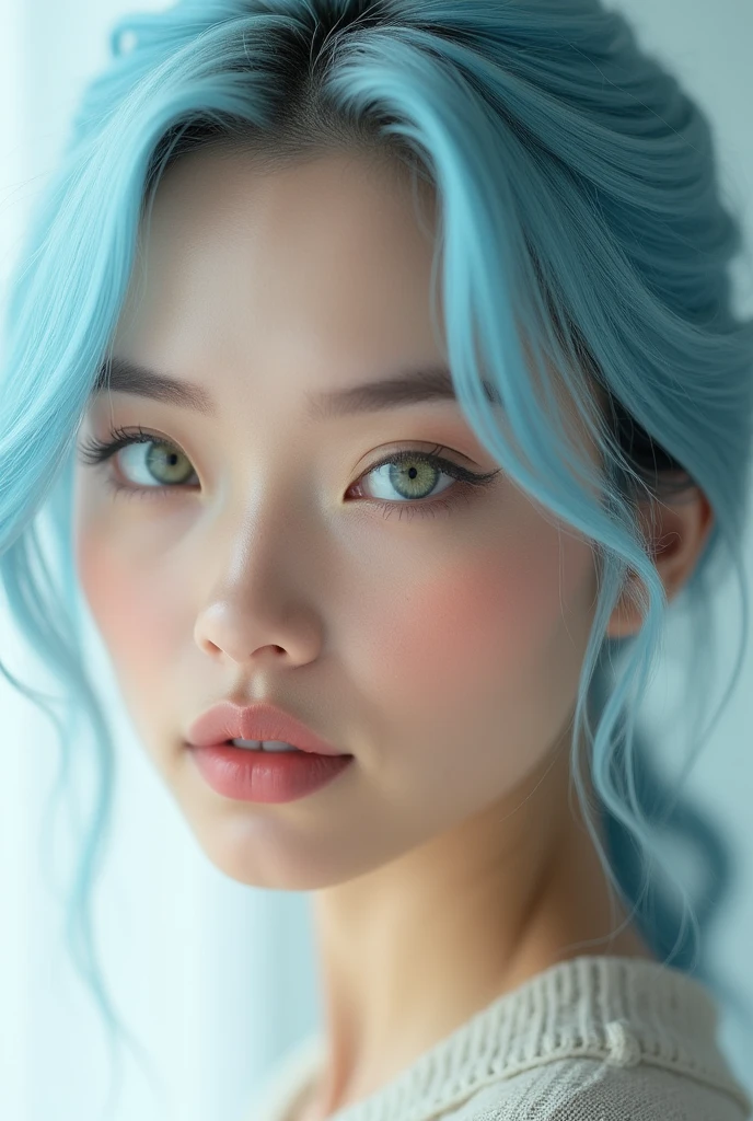 a photo of an extremely beautiful woman with light blue hair and hazel green eyes, the girl is wearing makeup in pastel colors, the background color should be white, the lighting must look soft and natural, the composition of the picture will focus on the details of facial features and expressions, capturing their beauty and personality, the overall tone or mood should radiate confidence and elegance,
