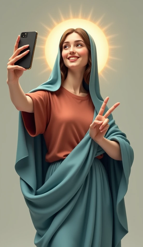 A very beautiful modern Virgin Mary , Reddish beige T-shirt with blue cloak and veil, Halo, Taking a selfie with a smartphone, Smiling and making a peace sign