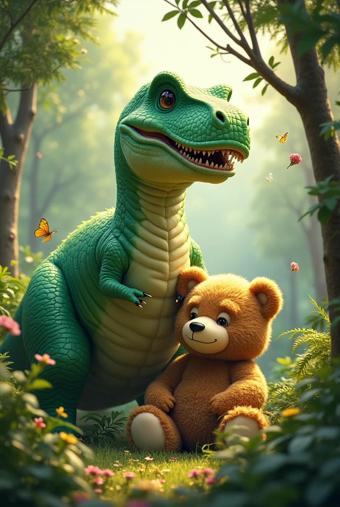 Hello, Could you generate an image for me where there is a giant green T-rex dinosaur and a giant teddy bear in a forest?, the two together as friends and happy