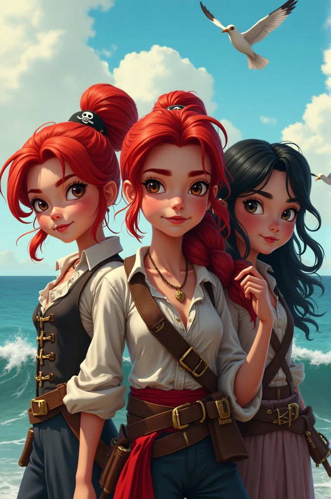 Three child pirate girls two with red hair and one with black hair