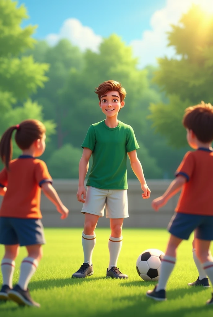 a young white guy with brown hair and eyes being a physical education teacher on a soccer field and wearing a green shirt and white shorts