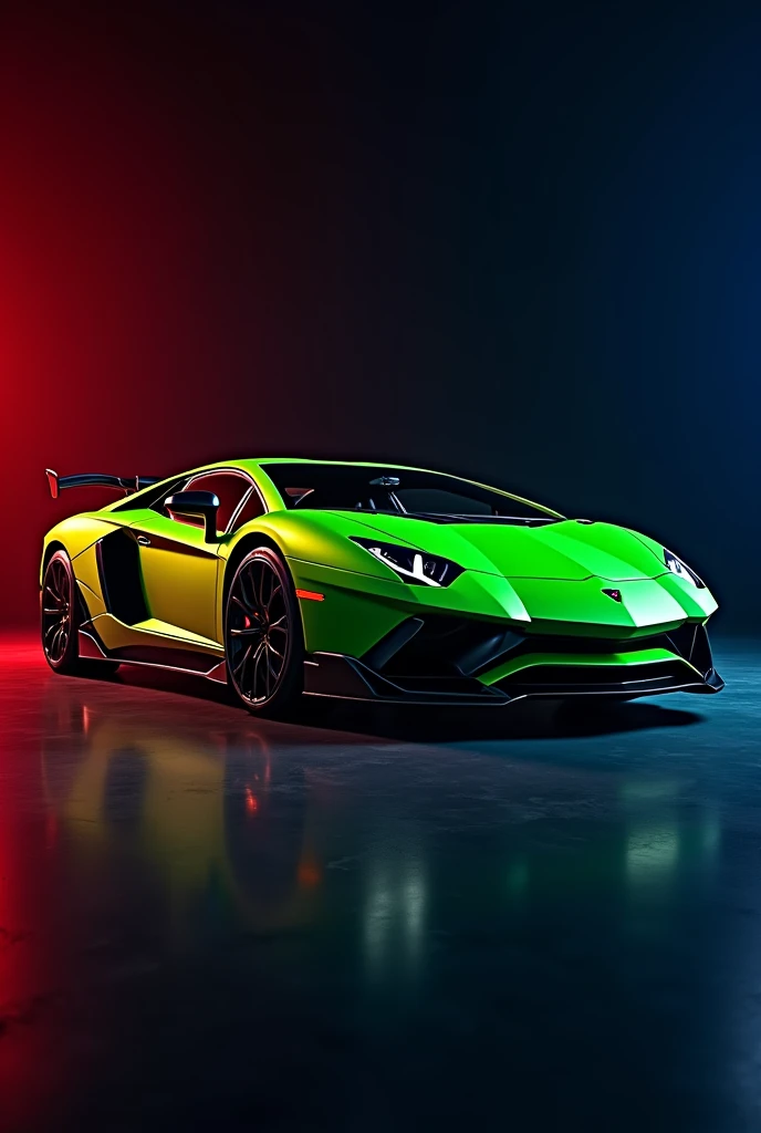 Lamborghini Aventador 2023, green color, black wheels, black wing, black background on red and blue 