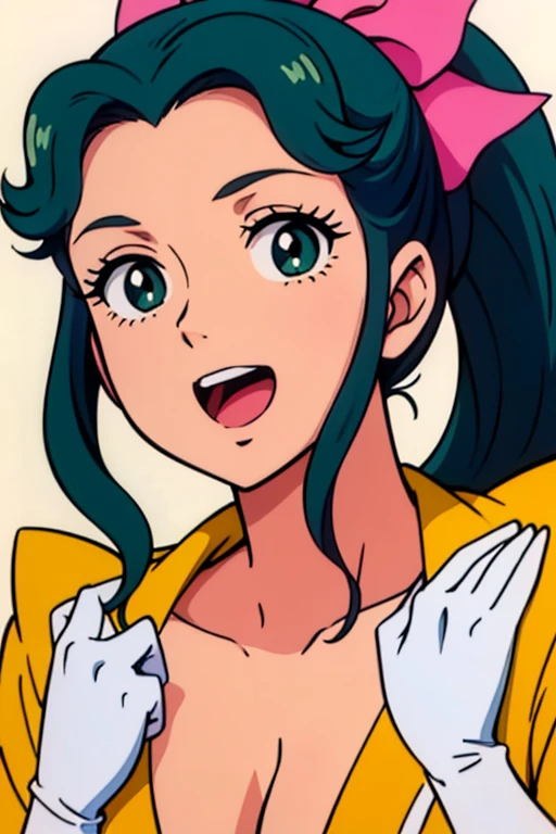 ((masterpiece、Highest quality, High resolution、Beautiful Face、Detailed eyes、1990s anime))、((Only One Woman、Simple white background))、(((Dynamic Pose、Motion Lines、Open Mouth、Big Breasts:1.8、Cleavage、Green Hair、topless)))、Waistline、(Embarrassed smile、Smile、green short ponytail、Yellow vest、Pink long sleeve、White gloves、Chubby)、Megumi Oka、Pink hair ribbon、Bust Shot