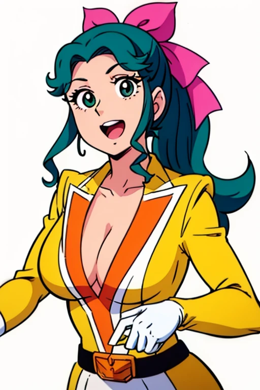 ((masterpiece、Highest quality, High resolution、Beautiful Face、Detailed eyes、1990s anime))、((Only One Woman、Simple white background))、(((Dynamic Pose、Motion Lines、Open Mouth、Big Breasts:1.8、Cleavage、Green Hair、topless)))、Waistline、(Embarrassed smile、Smile、green short ponytail、Yellow vest、Pink long sleeve、White gloves、Chubby)、Megumi Oka、Pink hair ribbon、Bust Shot