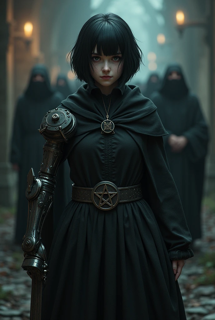 A pale girl with short black hair, from the middle ages 3D, realisitic, arcane style, in dark alchemist clothes with a steampunk prosthetic left arm with a pentagram, cut on the face, Dagger at the waist, with a religious group behind, the night, tenebrosa.