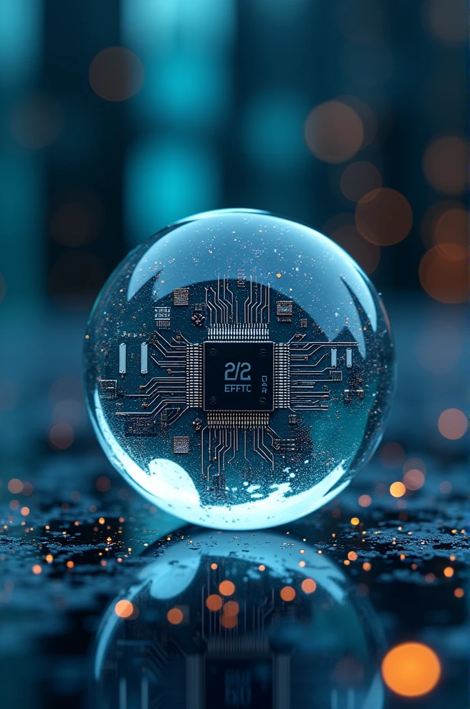 printed circuit board with chip, inside a crystal sphere measuring 25mm in diameter and with a futuristic background at your expense.