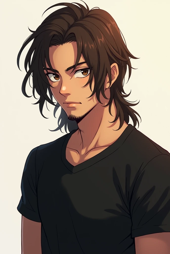 Make an anime character with dark brown eyes and long brown hair, with a goatee and a black t-shirt.
