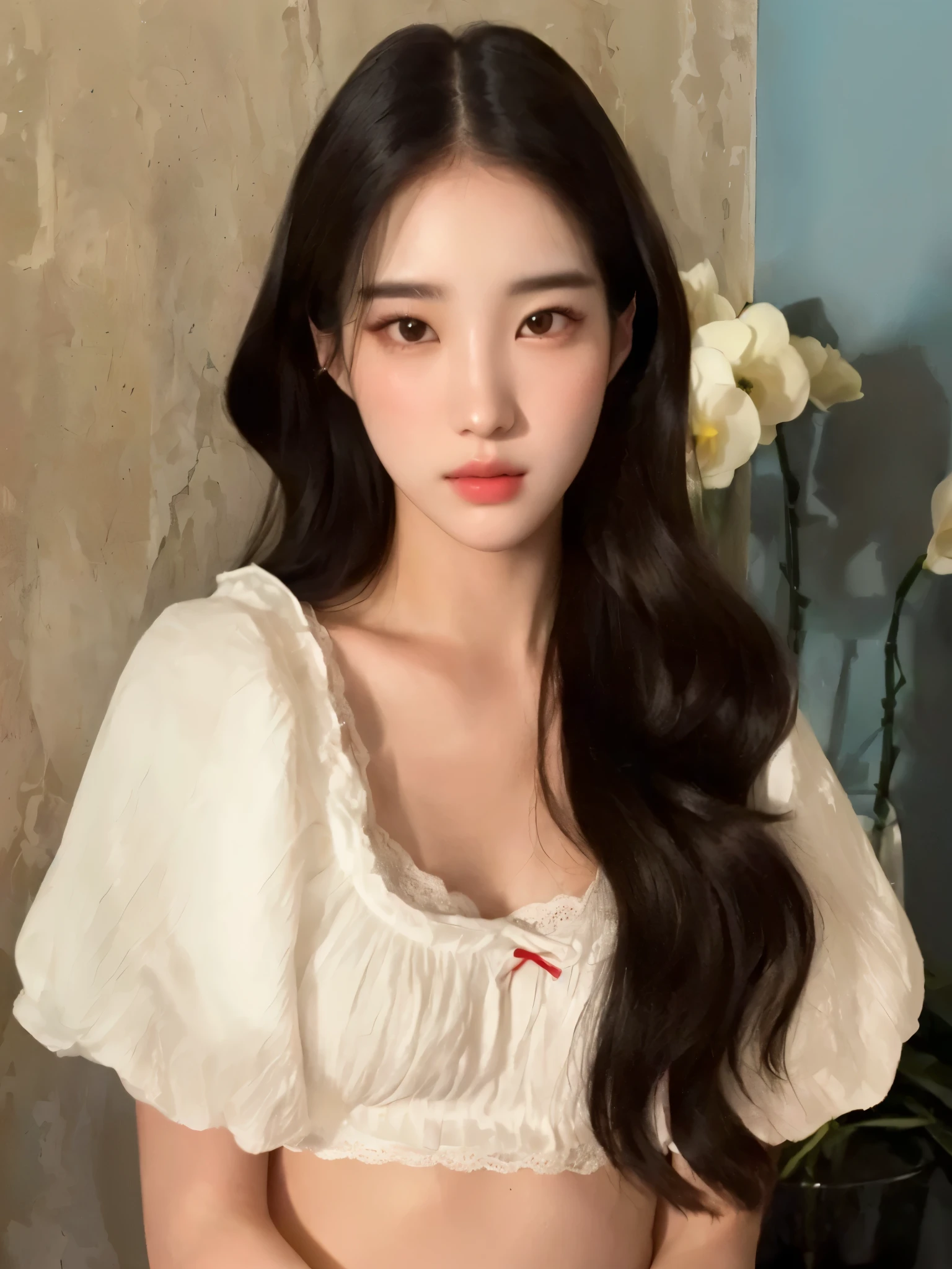 refined looking asian woman with long dark hair, wearing a white top, linda mulher sul-KOREAN, Jinyoung Shin, Linda jovem KOREAN, Linda jovem KOREAN, maquiagem sul-KOREAN popular, ulzzang, adorable and pale korean face, Jaeyeon Nam, young lovely korean face, maquiagem KOREAN popular, KOREAN, young pale and beautiful asian face, lindo rosto delicado, bae suzy