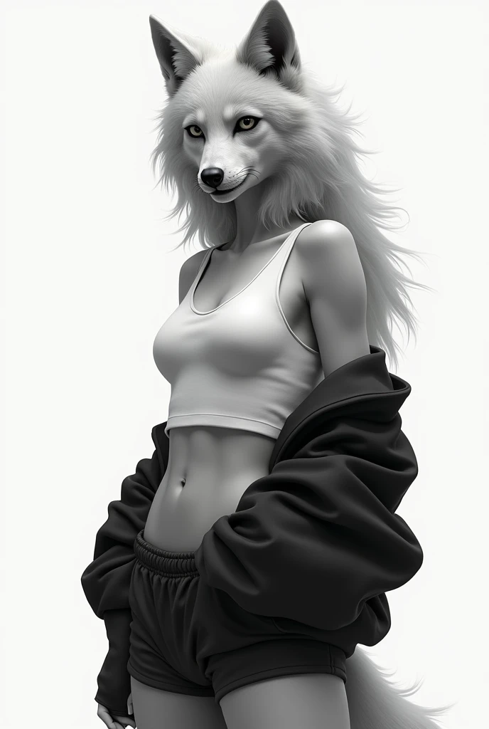 Gray tone wolf girl with a white crop top, shorts and a black sweatshirt on her arm with a white background