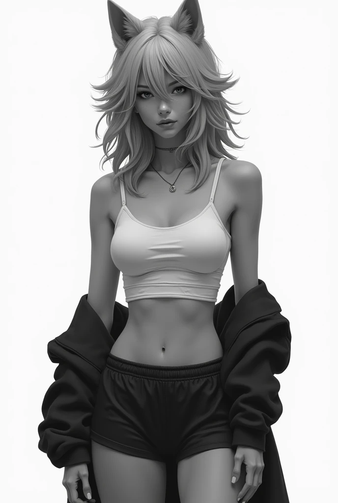 Gray tone wolf girl with a white crop top, shorts and a black sweatshirt on her arm with a white background 