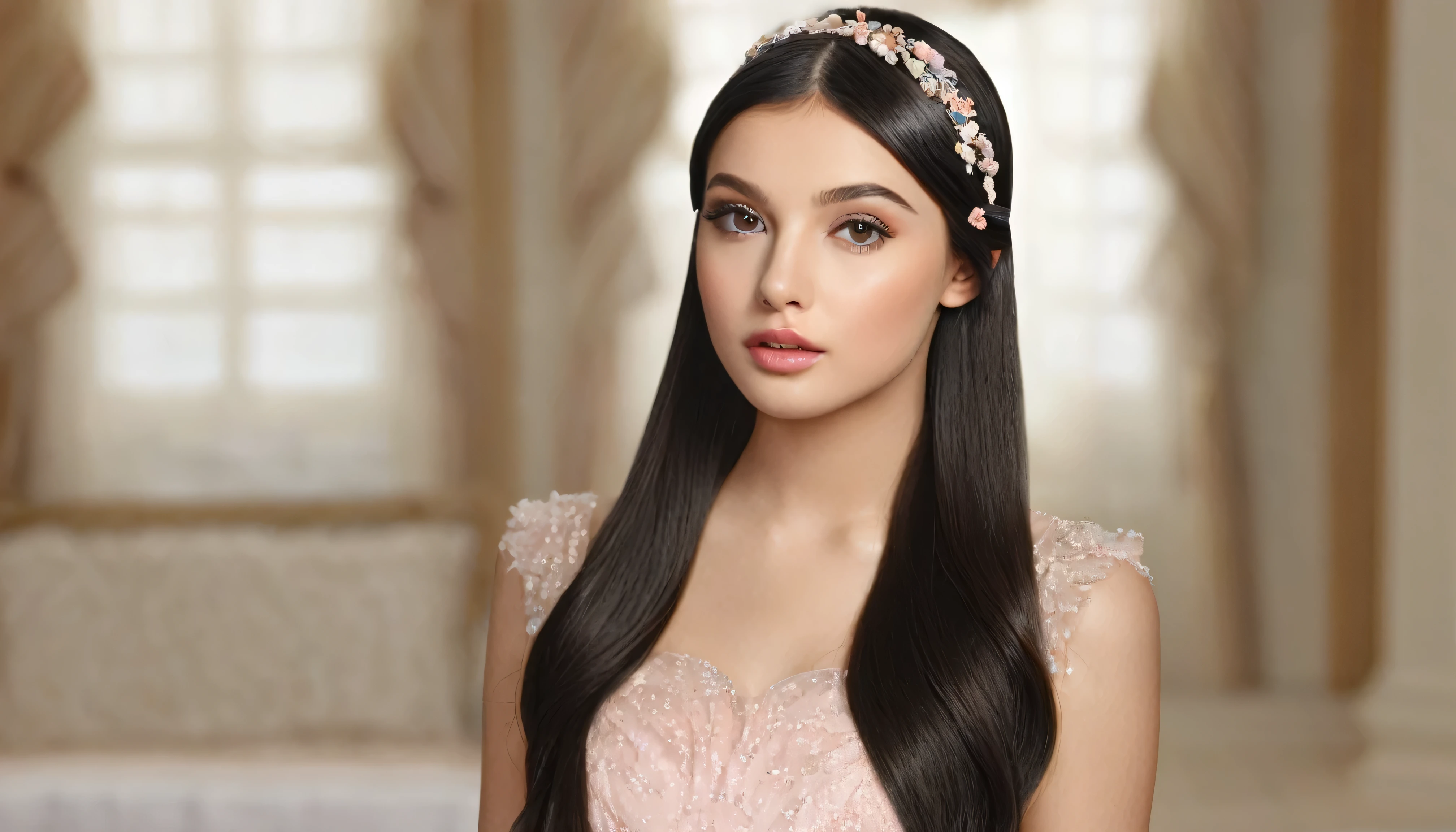 photoRealistic, Lip gloss, Painting, Realistic, Highest quality, Ultra-high resolution, depth, pastel colour, Natural Shading, Focus on the face, Face only, View your viewers, Long Hair, hair accessory, Black Hair, Brown, well-detailed eyes, dress